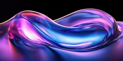 smooth and shiny iridescent abstract liquid wave with blue and purple hues on black background