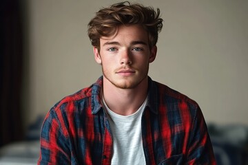 Obraz premium Young man with tousled light brown hair wearing a red and blue plaid shirt over a white t-shirt looking calmly into the camera indoors