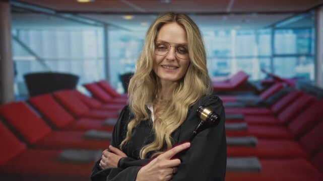 Woman in judge uniform holding gavel on a cruise ship, relaxed setting with vibrant seating, blending formality and leisure outdoors.