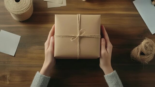 A neatly wrapped gift box tied with twine sits on a wooden table. Surrounding elements include rolls of twine and blank cards.