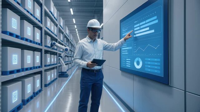A young Caucasian man in a white shirt and hard hat interacts with a digital screen in a modern warehouse filled with storage boxes. - Powered by Adobe