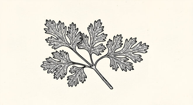 Detailed botanical illustration of parsley leaves, featuring intricate line work against a soft background - Powered by Adobe