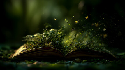 An open book with grass and leaves growing on it, surrounded by nature in a fantasy world.