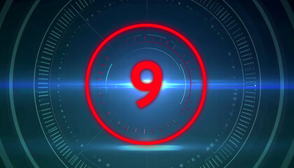 Red Glowing Number Nine Centered in a Circular Countdown Display on Blue Technology Background