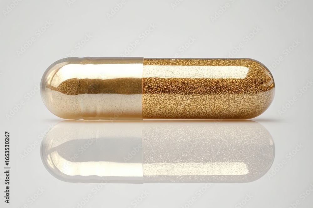 Poster close-up of a half-transparent capsule filled with shimmering golden particles reflecting on a smoot