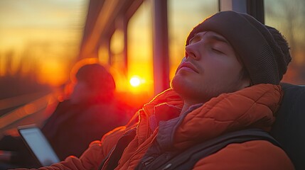 Man sleeping during a bus ride with a beautiful sunset providing a peaceful and relaxing travel