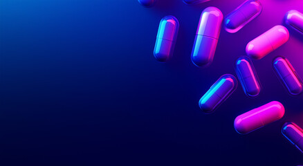 3D illustration of glowing capsule pills in pink and violet tones on a dark blue background. A realistic top view with gradient effect, perfect for medical posters or banners.