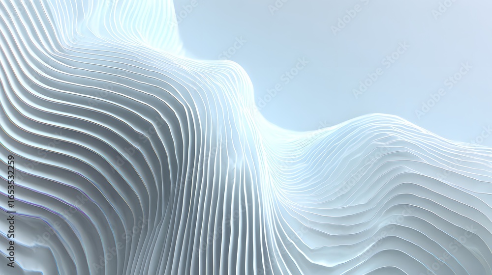 Poster abstract architectural design featuring layered, undulating forms in soft, cool tones.