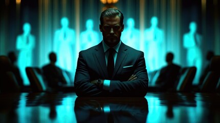 Serious businessman in dark suit with arms crossed sitting at conference table with glowing human silhouettes in background, moody blue lighting creates intense atmosphere