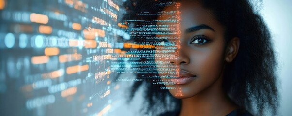 Portrait of a young woman with digital code overlay partially covering her face, symbolizing technology and human connection