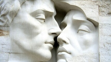 A romantic embrace in stone: A striking sculpture of two faces intertwined in love