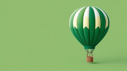 Fototapeta premium Green and white striped hot air balloon with wicker basket against a solid pastel green background