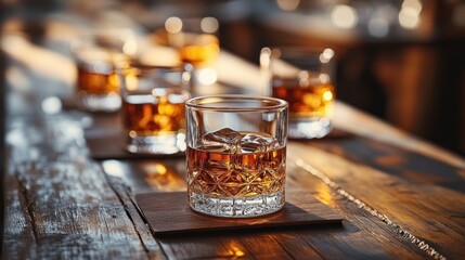 Close-up of a glass of whiskey with ice cubes on a wooden coaster placed on a rustic wooden table with multiple blurred glasses of whiskey in the background creating a warm, cozy atmosphere