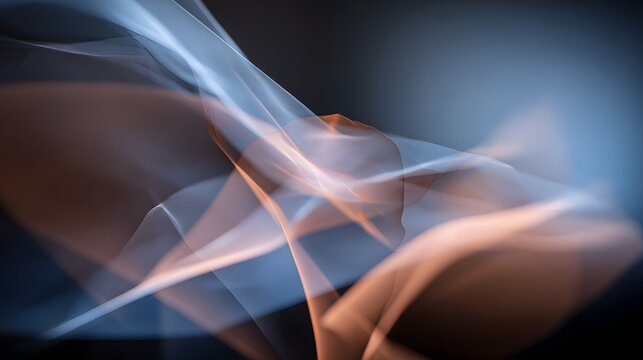 A dynamic abstract composition featuring flowing, translucent forms in soft tones of blue and peach, set against a dark background.