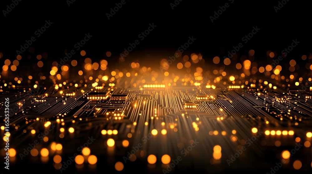 Poster a complex circuit board design features glowing gold components and intricate pathways, creating a d
