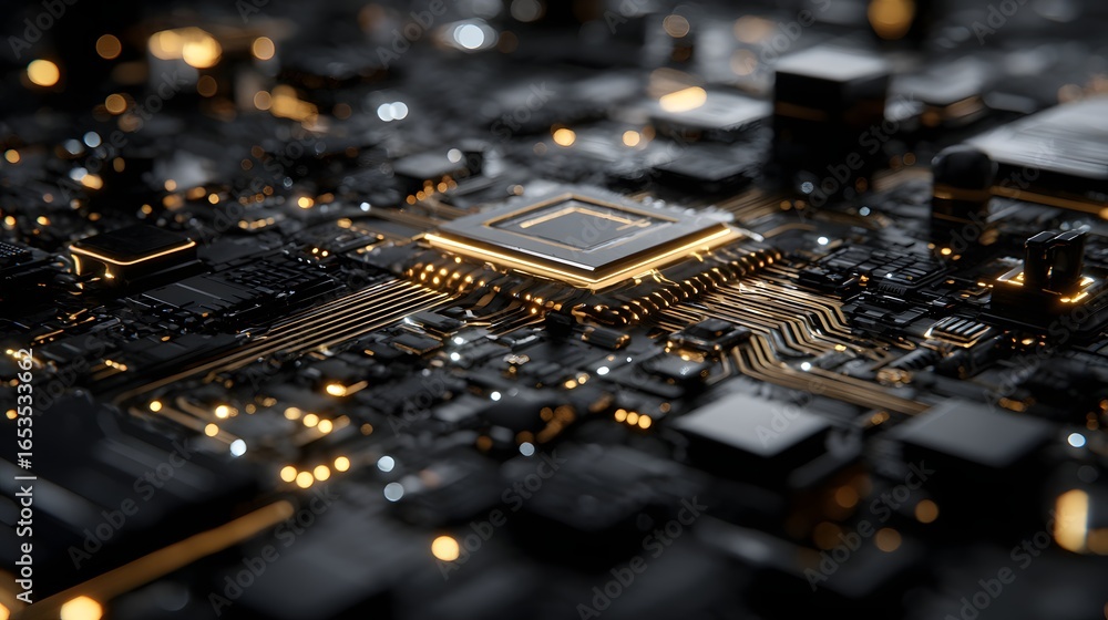 Poster a detailed close-up view of a circuit board, highlighting intricate pathways and a central processor