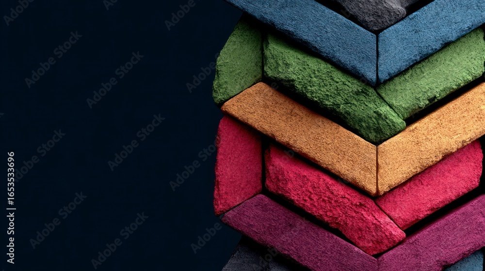 Poster textured colorful bricks arranged in a chevron pattern against a dark background