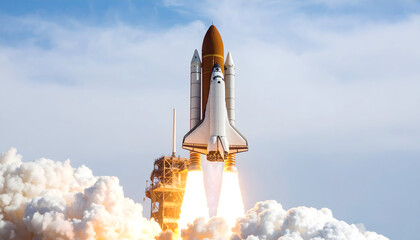 Space Shuttle Launching Into The Sky With A Fiery Blast And Billowing White Smoke Against A Blue Sky