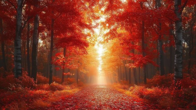 Serene forest path covered with fallen red leaves surrounded by tall trees with vibrant red foliage illuminated by soft golden sunlight - Powered by Adobe