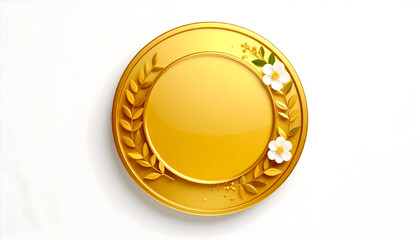 Golden Medal With Laurel Wreath And Floral Embellishments On White Background