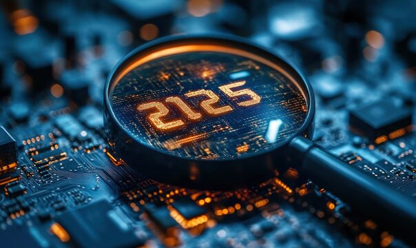 Close-up of a magnifying glass focusing on an illuminated digital number 2125 on a futuristic circuit board with glowing orange and blue lights