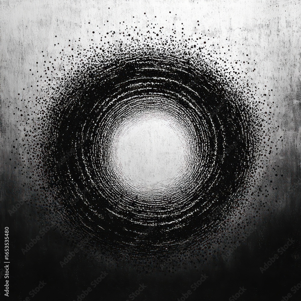 Poster abstract black and white circular pattern resembling a vortex with densely packed dots radiating fro