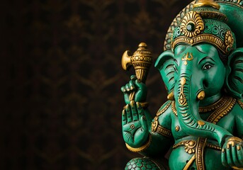 Fototapeta premium Close-up of a vibrant green Ganesh statue, showcasing intricate details.