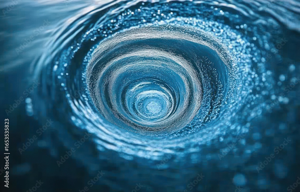 Poster close-up view of a swirling water vortex or whirlpool with bubbles and light reflections creating a 