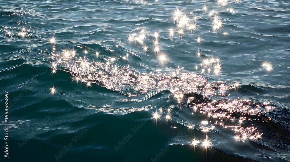 Poster sparkling reflections on a rippling sea surface create a mesmerizing display of light and water.