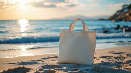 beach scene with a simple beige tote bag placed on sandy shore with calm ocean waves and a warm glowing sunset in the background