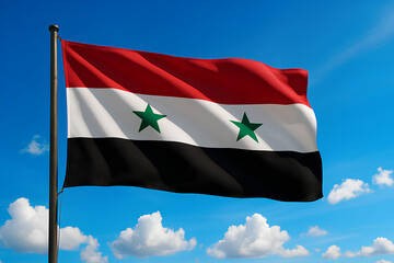Naklejka premium The Syrian flag waves proudly under a bright blue sky with white clouds.