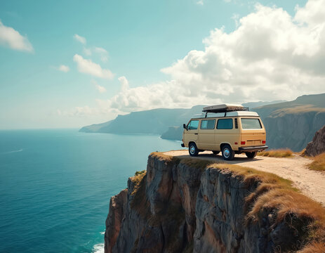 Camper van parked on cliff edge overlooking vast blue ocean. Scenic coastal landscape with rugged cliffs under bright blue sky with clouds. Represents freedom, adventure, and road trip exploration. - Powered by Adobe
