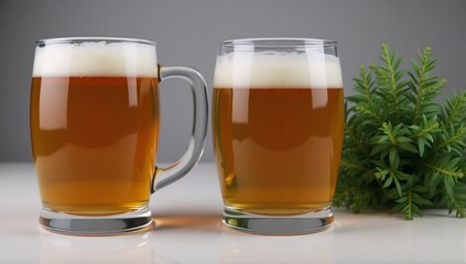 A clear beer mug sits on a table next to greenery minimalistic background