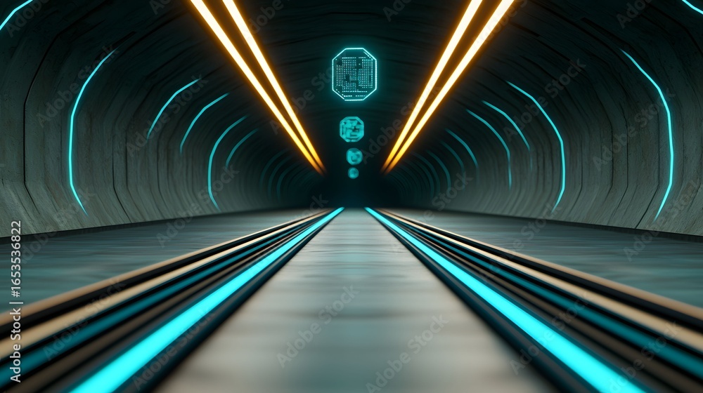 Poster the image showcases a futuristic tunnel with parallel tracks of glowing teal lines and bright orange