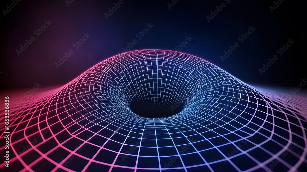 Poster the image shows a digital, abstract representation of a black hole or wormhole using a grid-like str