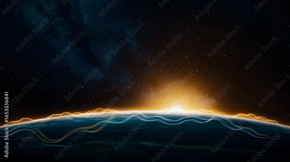 Poster this beautiful image shows a planet or world with a glowing horizon, set against a backdrop of a sta
