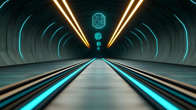 The image showcases a futuristic tunnel with parallel tracks of glowing teal lines and bright orange beams converging in the distance, adorned with neon digital signs.