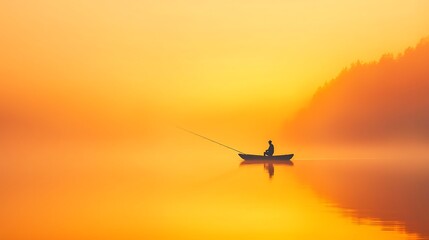 Obraz premium Lone fisherman casts line in golden sunset mist