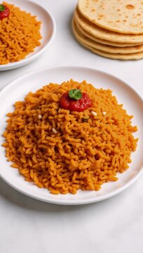 Ok Food photography of a mouthwatering Mexican rice dish served with salsa and tortillas on a white textured surface