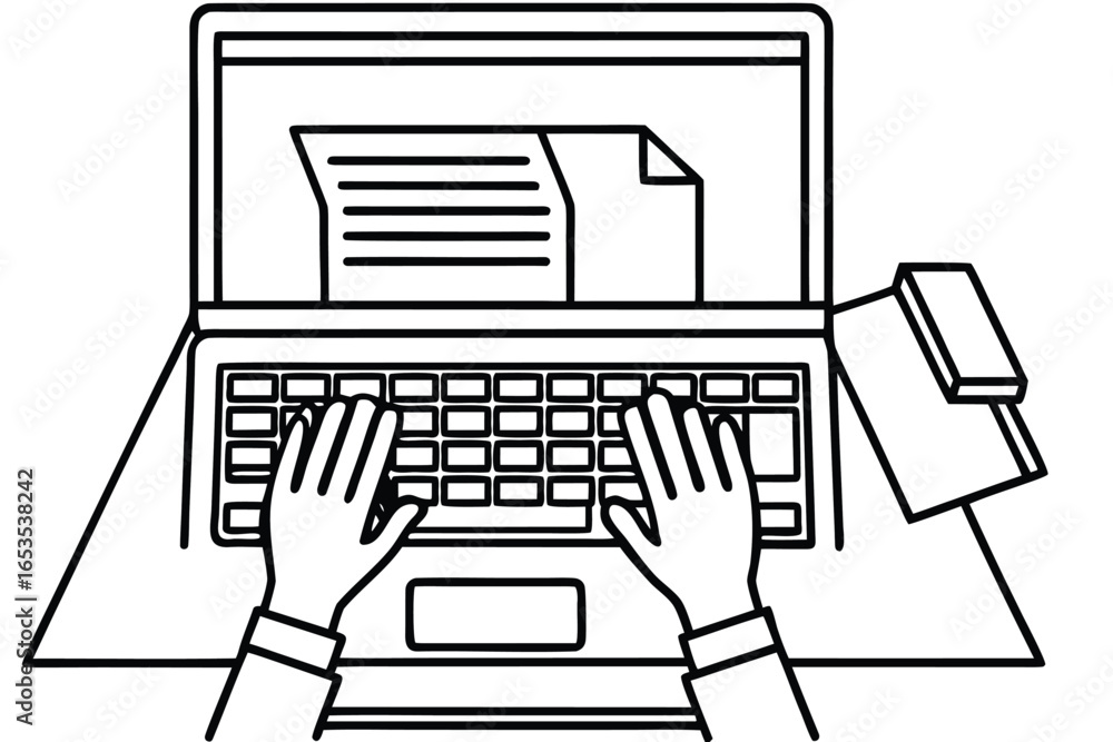 Leinwandbilder hands typing on laptop keyboard with document on screen and notepad computer