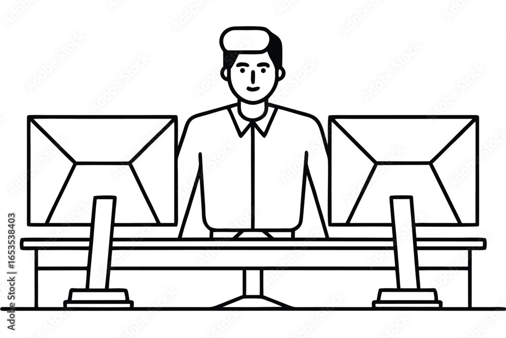 Aufkleber man sitting at desk with two computer monitors and keyboard person