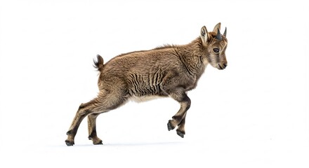 Fototapeta premium Young ibex gracefully leaps against bright white background. AI Generated
