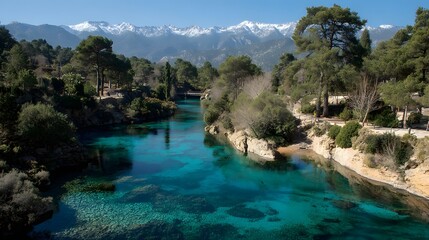 Fototapeta premium A serene mountain river winds through lush green vegetation, reflecting the snow-capped peaks in its crystal-clear turquoise waters.