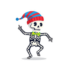 Cartoon Skeleton Dancing in a Festive Winter Hat with a Bow Tie Isolated