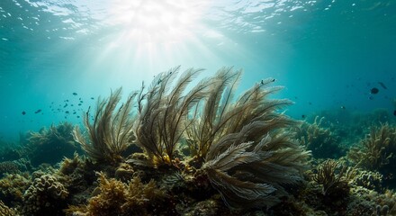 Sunlit underwater scene vibrant seagrass gracefully sways gently in ocean currents. AI Generated