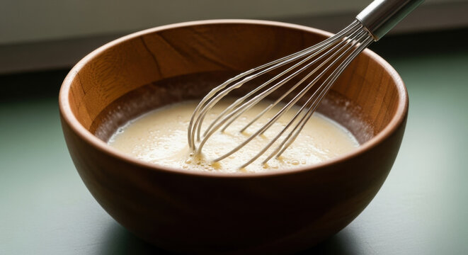 Homemade pancake batter preparation in wooden bowl with metal whisk close up, creamy mixture being stirred on kitchen countertop in natural morning light