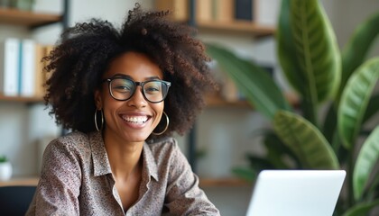 Smiling woman with glasses conducts virtual resume interview via video call. Professional remote communication for job recruitment using technology for candidate assessment and employment opportunity.