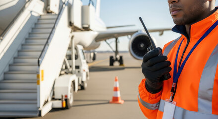 Airport ground crew member in high visibility uniform communicates via walkie talkie near passenger aircraft and boarding stairs on sunny day, ensuring safety and operations