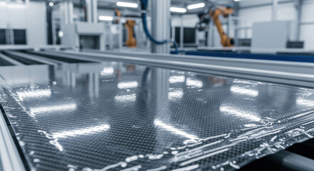 Naklejka premium Automated production line manufacturing carbon fiber panel in modern factory with advanced robotics and high precision technology for lightweight industrial components
