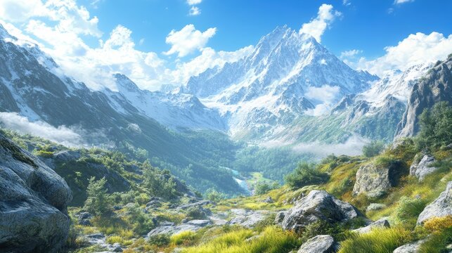 A breathtaking mountain landscape featuring snow-capped peaks, lush greenery, and a serene valley under a bright blue sky with fluffy clouds.